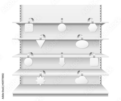 Wobblers on shelves. Retail sale danglers hanging on supermarket shelf. Realistic showcase display with white price tags vector template. Shop or store with empty furniture and promotional labels