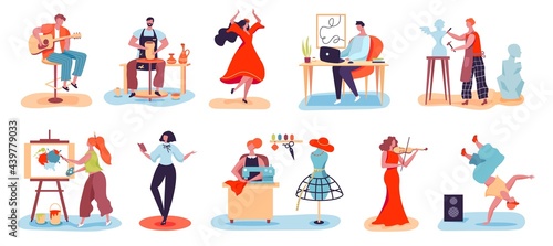 Artistic people. Men and women with creative professions musician, artist, designer, potter, sculptor. Characters enjoying their hobby vector set. Leisure time or art work or occupation