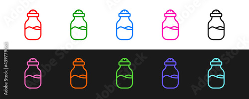 Set line Spice in can icon isolated on black and white background. Seasoning collection. Spice, condiments in a glass can. Vector