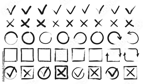 Hand drawn checkmarks. Black doodle v marks, checklist boxes. Grunge tick and cross signs, brush stroke voting checkmark vector set. Checkbox for items list, true and false answers