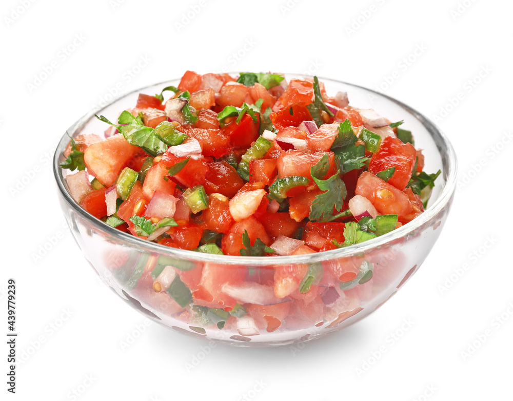 Bowl of tasty Pico de Gallo salsa on white background Bowl of tasty Pico de Gallo salsa on white background
