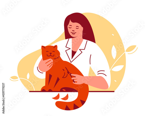 Pet grooming concept. A young woman cuts a cat's fur. Vector illustration in flat style. Isolated on a white background.