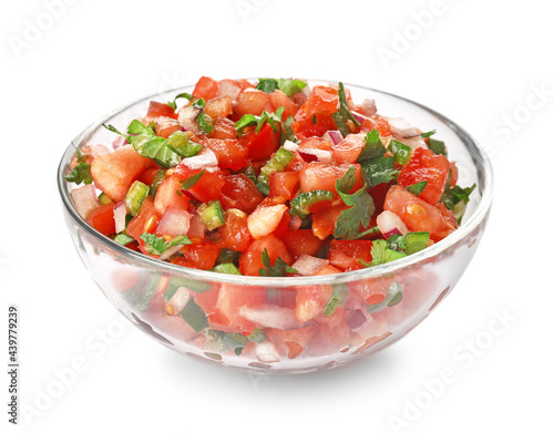 Bowl of tasty Pico de Gallo salsa on white background
