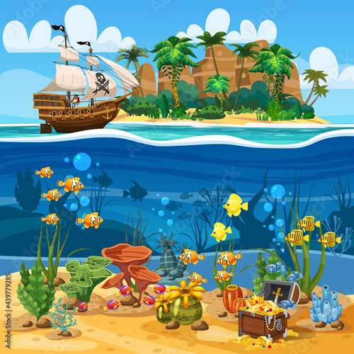 Tropical Island Pirate ship naval under sail in ocean. Underwater sea bottom, coarl reef, fish, seaweeds, ancient treasure cheast. Sea landscape coast, tropical, palms, beach, sand, adventure, game
