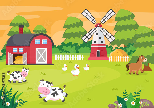 Cute Cartoon Farm Animals Vector Illustration With Cow  Horse  Chicken  Duck  or Sheep. For Postcard  Background  Wallpaper  and Poster