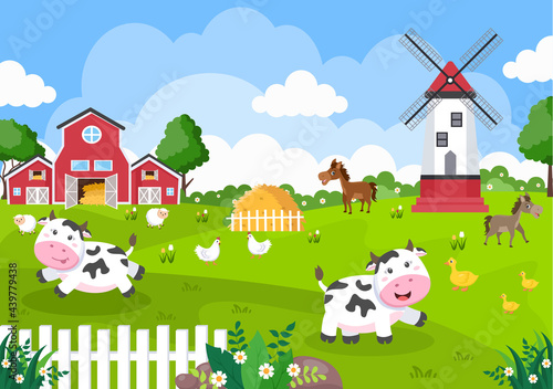 Cute Cartoon Farm Animals Vector Illustration With Cow, Horse, Chicken, Duck, or Sheep. For Postcard, Background, Wallpaper, and Poster