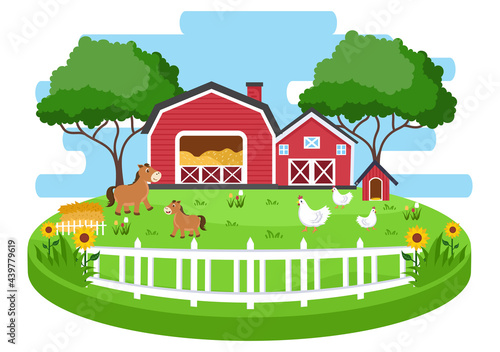 Cute Cartoon Farm Animals Vector Illustration With Cow, Horse, Chicken, Duck, or Sheep. For Postcard, Background, Wallpaper, and Poster