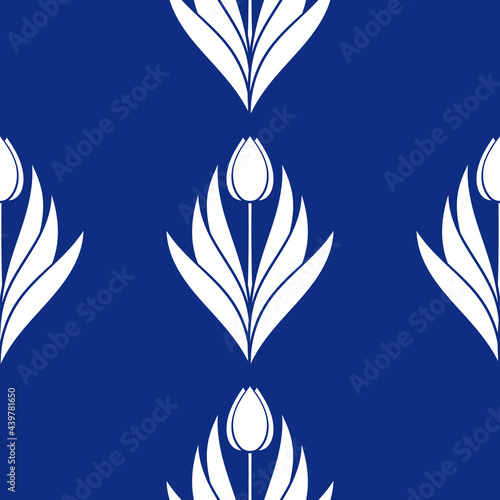 Seamless pattern with a pattern of the silhouette of tulips and leaves. Design in blue for printing, packaging, fabric. Damascus styling. Vector