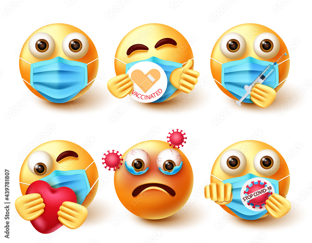 Smileys covid-19 vector set. Emoji 3d characters with happy, care and vaccinated facial expression for pandemic prevention campaign smiley collection design. Vector illustration
Smileys covid-19 vector set. Emoji 3d characters with happy, care and vaccinated facial expression for pandemic prevention campaign smiley collection design. Vector illustration
