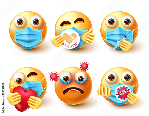 Smileys covid-19 vector set. Emoji 3d characters with happy, care and vaccinated facial expression  for pandemic prevention campaign smiley collection design. Vector illustration
