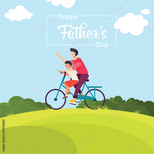 Happy Fathers day square illustration. Father and child riding cycle illustration for banner, ads, poster