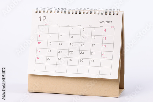 Calendar for December 2021 is on table closeup