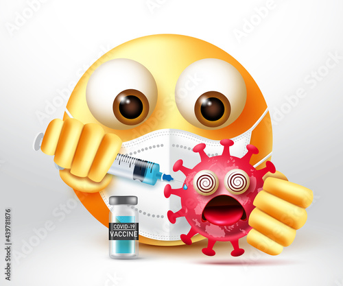 Emoji covid-19 vaccine vector design. Emoticons 3d character killing virus by injecting vaccine for pandemic vaccination campaign smiley character design. Vector illustration
