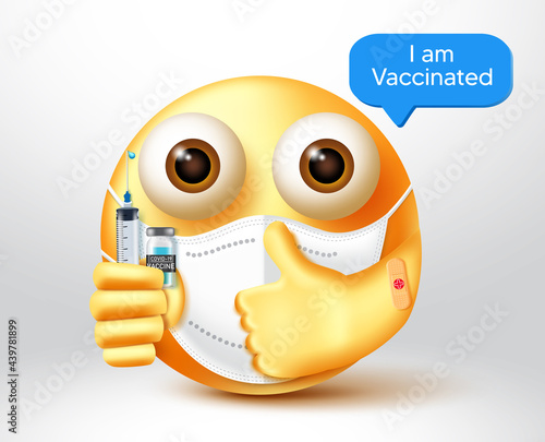 Smiley covid-19 vaccine vector design. Emoji character in 3d with I am vaccinated text holding vaccine injection for coronavirus protection avatar emoticon character. Vector illustration
