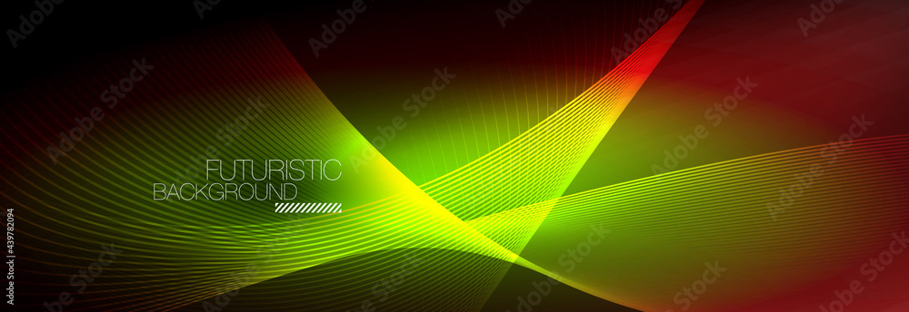 Abstract neon glowing light in the dark with waves. Shiny magic energy and motion concept, vector abstract wallpaper background Abstract neon glowing light in the dark with waves. Shiny magic energy and motion concept, vector abstract wallpaper background