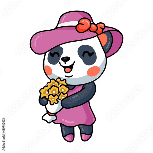 Cute little panda girl cartoon holding flowers