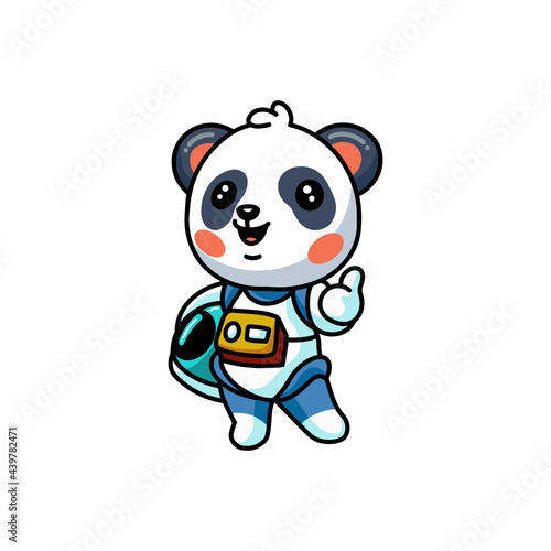 Cute little astronaut panda cartoon giving thumbs up
