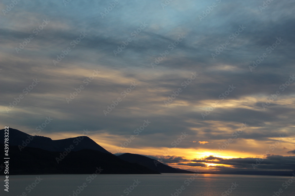 Sun setting over the Chilean fjords, Patagonia, southern Chile.
