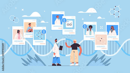 doctor consulting patients DNA testing genetic engineering diagnosis online consultation concept horizontal vector illustration