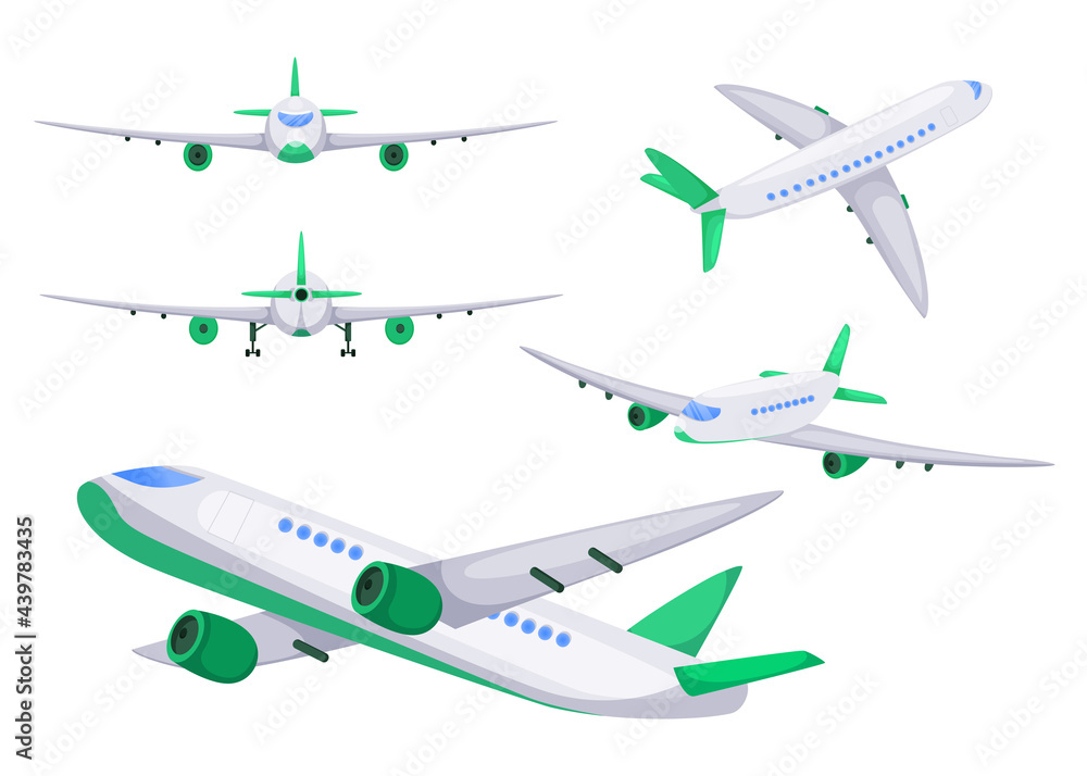 Airplane from different angles vector flat illustrations set. Plane flying and landing, front view of jet isolated on white background. Holiday, aviation, aircraft, traveling, cargo service concept