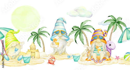 gnomes  on the beach  watercolor seamless pattern  on an isolated background. Summer  pattern  cartoon style.
