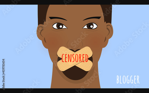 Young person with mouth sealed with crossed sticking plasters. Censorship concept. Stock vector illustration.