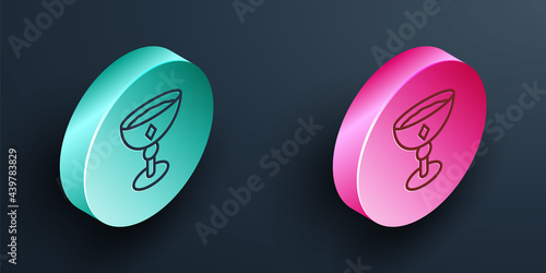 Isometric line Medieval goblet icon isolated on black background. Turquoise and pink circle button. Vector