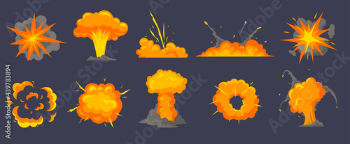 Different explosions cartoon vector illustrations set. Explosive substances, smoke from crash, bang, fire or dynamite isolated on black background. Comic book, destruction, war, game concept