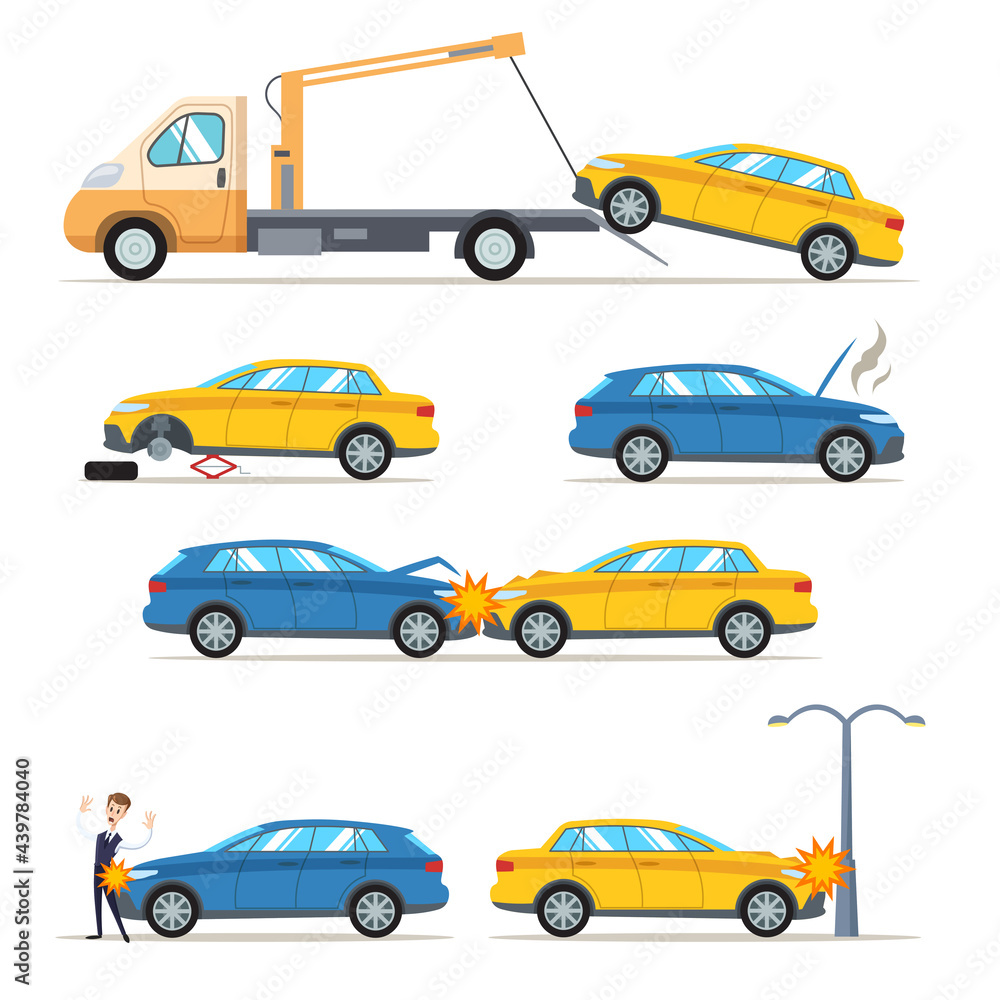 Car accidents and crashes on road vector illustrations set. Man hit by transport, wheel change, tow truck, car breakdown isolated on white background. Insurance, repair service, emergency concept