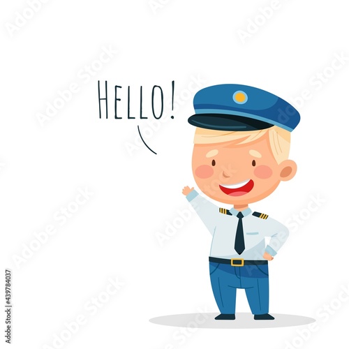 Young pilot says hello. White background. Vector illustration