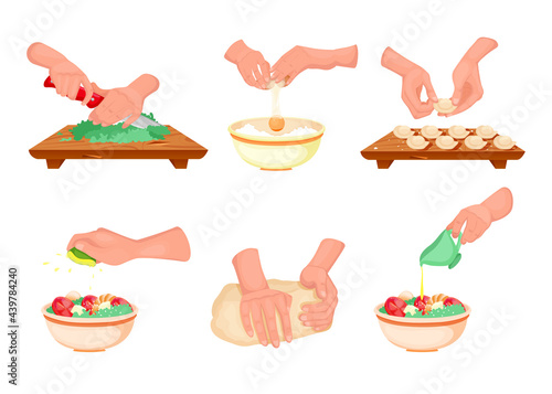Hands preparing meal vector illustrations set. Cartoon person cutting lettuce, kneading dough, making dumplings, pouring sauce isolated on white background. Cooking, food, recipe concept