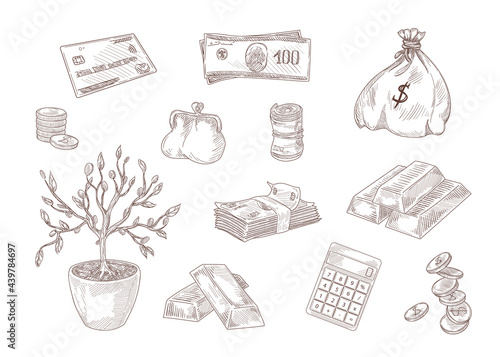 Set of engraving drawings of symbols of financial wealth. Flat vector illustration. Vintage sketches of coins, bank card, bars of gold, money tree in white background. Money, profit, business concept