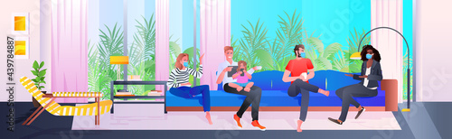 mix race parents spending time with children people discussing during meeting in living room communication