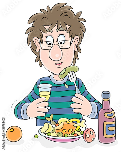 Funny young man with disheveled hair, drinking a glass of wine and having dinner, vector cartoon illustration on a white background