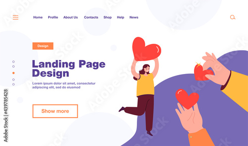 Hand giving hearts to happy woman isolated flat vector illustration. Cartoon metaphor of generosity as donation support and sharing love. Charity project, assistance and solidarity foundation concept
