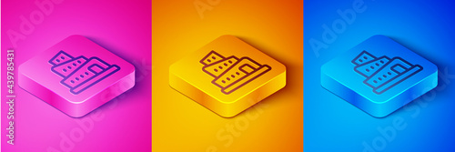 Isometric line Babel tower bible story icon isolated on pink and orange, blue background. Square button. Vector