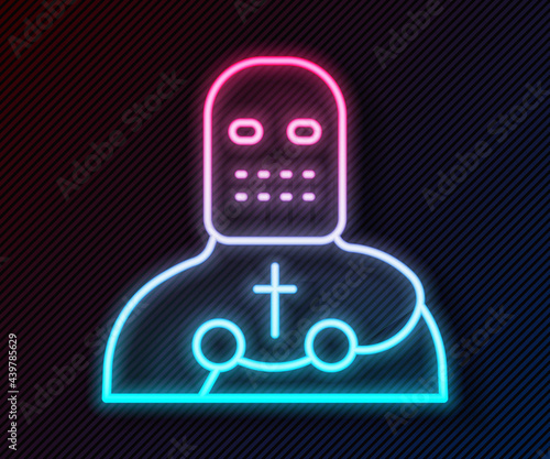 Glowing neon line Knight crusader icon isolated on black background. Vector