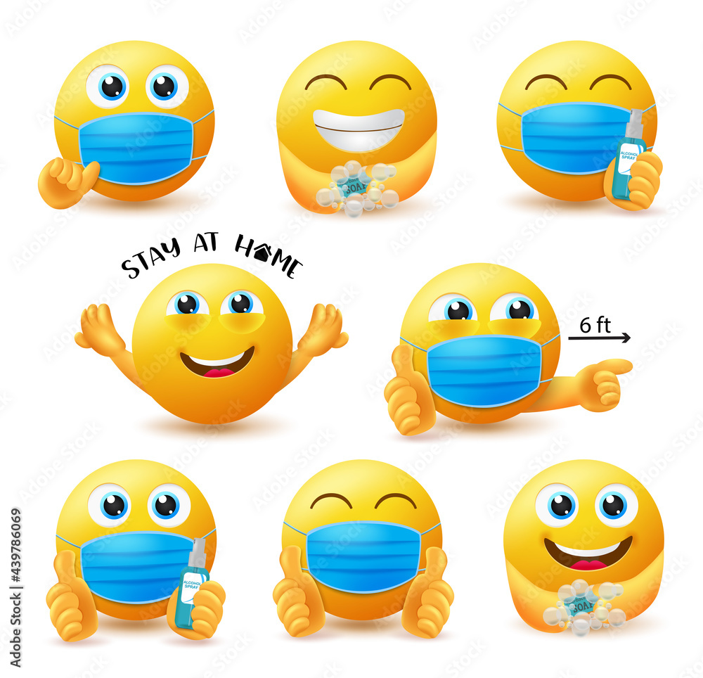 Smiley covid19 guidelines vector set. Emoticon 3d characters in covid