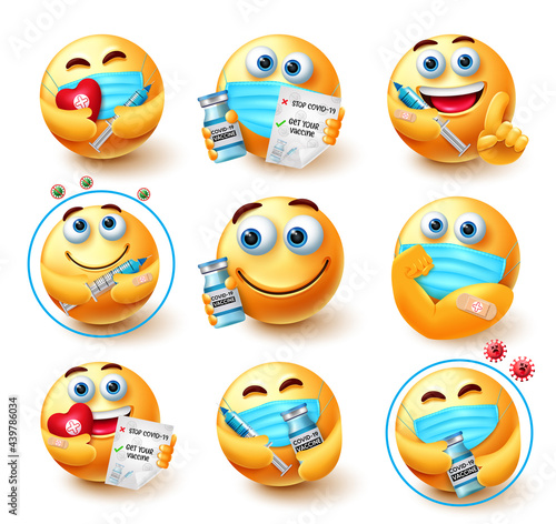 Smiley covid-19 vaccine vector set. Emojis 3d vaccinated emoticon characters in healthy and safe facial expressions for coronavirus vaccination avatar collection design. Vector illustration
