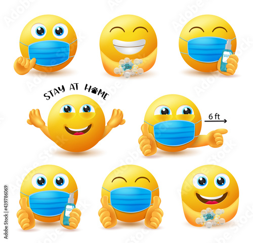 Smiley covid-19 guidelines vector set. Emoticon 3d characters in covid safety guidelines like wearing face mask and stay at home for pandemic safety emoji collection design. Vector illustration
