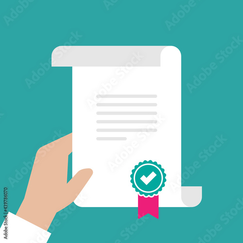 Hand with certificate or grant. Course or training diploma with stamp or validation seal.
