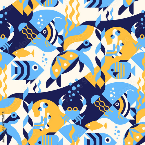 Under water sea seamless pattern with, sea turtle, jellyfish, tropical fish, crab, coral,  seaweed. Perfect for fabric, textile, wallpaper. Sea creatures design geometric pattern.