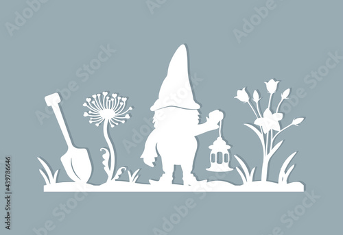 silhouette of a gnome holding a street lamp, shovel, flowers. silhouette for laser cutting. vector. eps