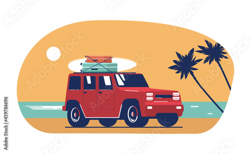 SUV car with luggage on background of abstract tropical landscape. Vector flat style illustration.