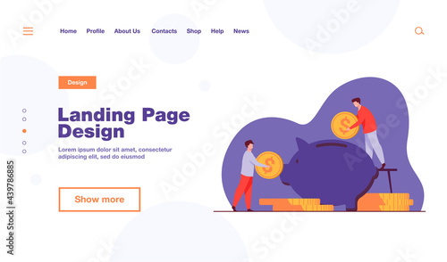 Two investors putting coins in piggybank. Bank, money, income flat vector illustration. Finance and investment concept for banner, website design or landing web page