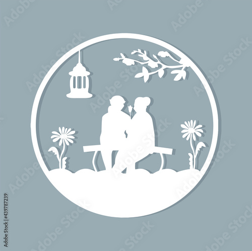a couple of old men in love are sitting on a bench in the garden. silhouette. laser cutting.vector. eps