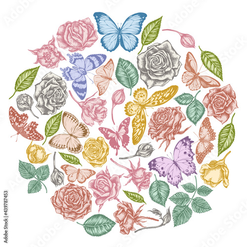 Round floral design with pastel menelaus blue morpho, lemon butterfly, red lacewing, african giant swallowtail, alcides agathyrsus, wallace s golden birdwing, purple spotted swallowtail, forest mother