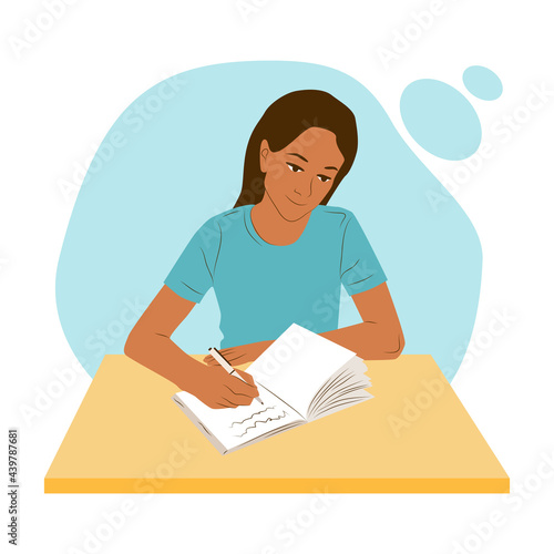 Woman sitting at a table or desk thinking and writes notes in her diary or journal. Girl work or study flat concept. Femal mental health practice with notepad