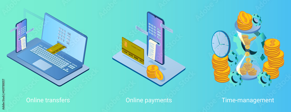 Online transfers,online payments,time management.A set of vector illustrations on the topic of technology.Abstract illustrations.