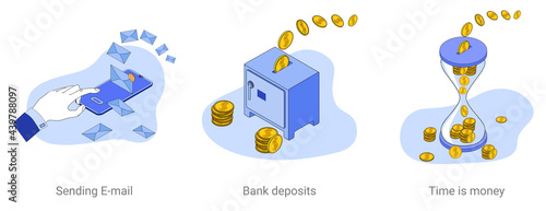 Sending messages, bank deposit, time is money.A set of vector illustrations on a business theme.Abstract isometric illustrations in blue.